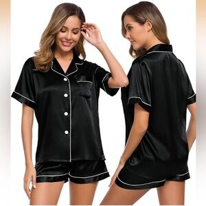 NWT SWOMOG Black Satin Pajama Top XL Button Down Sleepwear Silky Lounge Shirt
